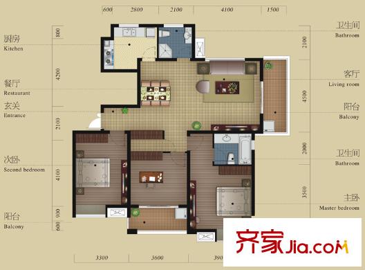 晨凱?紅樹灣E戶型 3室2廳2衛(wèi)1廚
