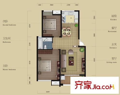 晨凱?紅樹灣B戶型 2室2廳1衛(wèi)1廚