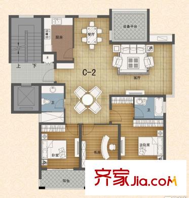 弘信觀湖Ｃ-２戶型 3室3廳2衛(wèi)1廚