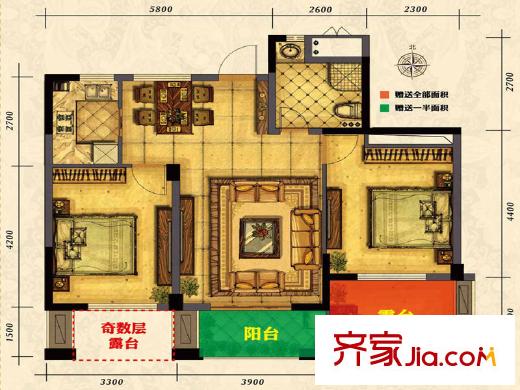 御上江南偶數(shù)層B1-B4戶型-03 2室2廳1衛(wèi)1廚