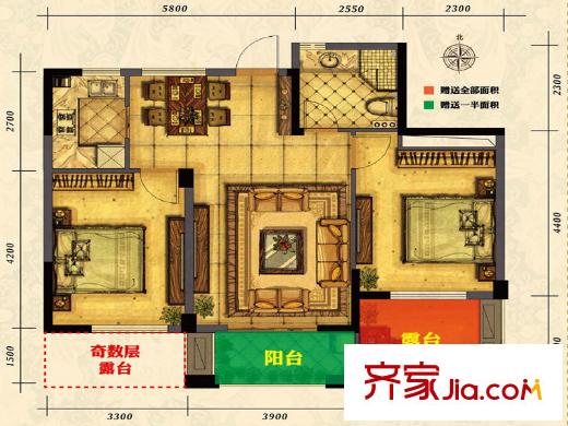 御上江南6號樓(偶數(shù)層)A5-A8戶型-02 2室2廳1衛(wèi)1廚