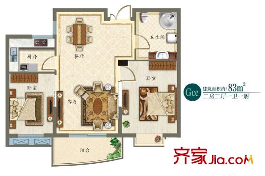 花語湖Gce戶型 2室2廳1衛(wèi)1廚