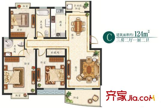 花語(yǔ)湖C戶型 3室2廳2衛(wèi)1廚
