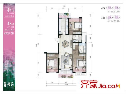 藝墅家花園47#4-11層、48#4-12層戶型 3室2廳2衛(wèi)1廚