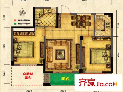 御上江南6號樓(偶數(shù)層)A1-A4戶型-02 2室2廳1衛(wèi)1廚