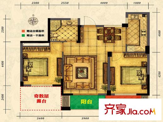 御上江南6號樓(偶數(shù)層)A5-A8戶型-03 2室2廳1衛(wèi)1廚