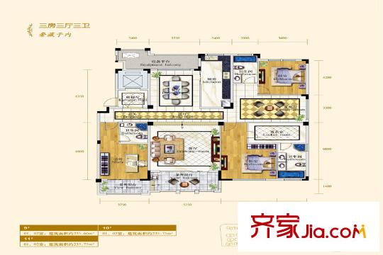 翠湖壹號大平層d戶型235平方米 3室3廳3衛(wèi)