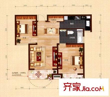 宇隆嘉苑B戶型 2室2廳1衛(wèi)1廚