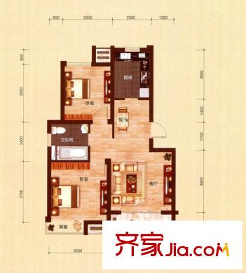 宇隆嘉苑F戶型 2室2廳1衛(wèi)1廚