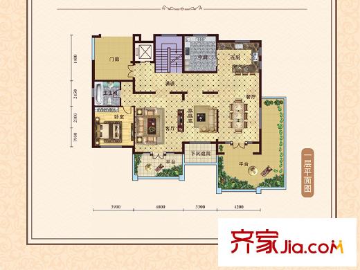 湘湖灣獨(dú)棟別墅A5戶型一層平面圖 2室2廳1衛(wèi)2廚