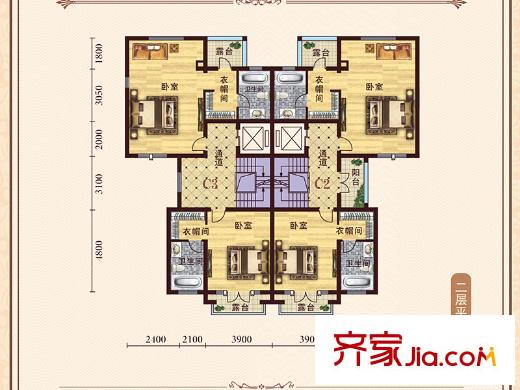 湘湖灣聯(lián)排別墅C2C3戶型二層平面圖 2室2衛(wèi)