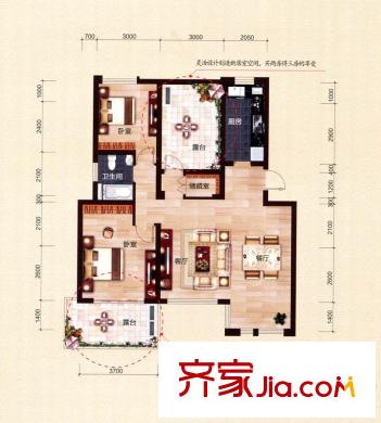 宇隆嘉苑E9戶型 2室2廳1衛(wèi)1廚