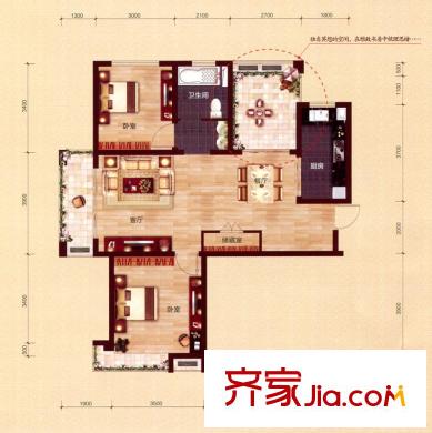 宇隆嘉苑C戶型 2室2廳1衛(wèi)1廚