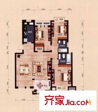 宇隆嘉苑E6戶型 3室2廳2衛(wèi)1廚
