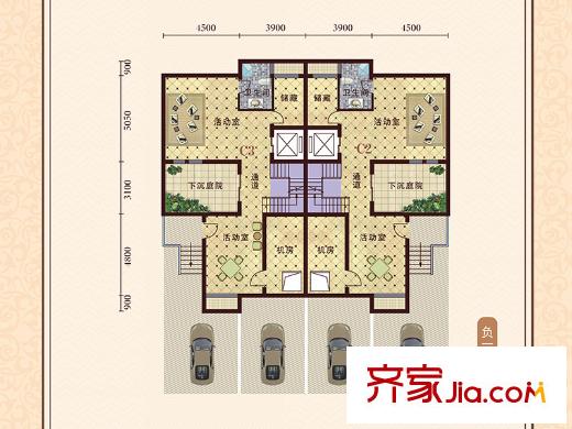 湘湖灣聯(lián)排別墅C2C3戶型負(fù)一層平面圖 2室1衛(wèi)