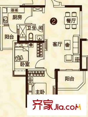 恒大綠洲16棟2號戶型 2室2廳1衛(wèi)1廚
