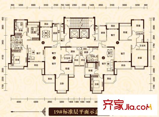 恒大绿洲19#标准层2号户型 2室2厅1卫