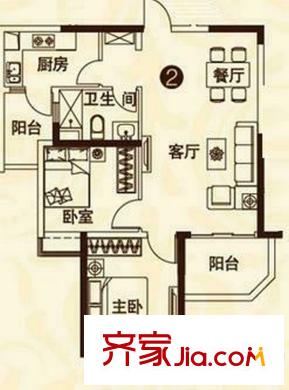 恒大綠洲15棟2號戶型 2室2廳1衛(wèi)1廚