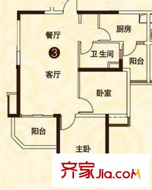 恒大綠洲19棟3號戶型 2室2廳1衛(wèi)1廚