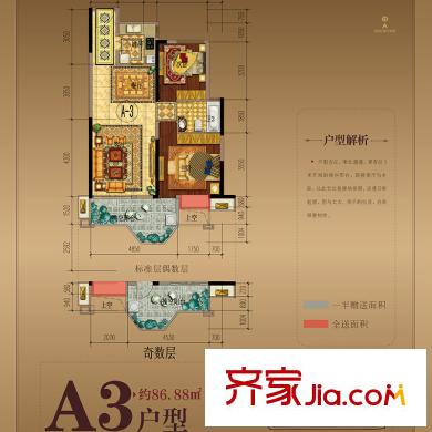 萬達廣場A3戶型 2室2廳1衛(wèi)1廚