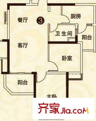 恒大綠洲15棟3號戶型 2室2廳1衛(wèi)1廚