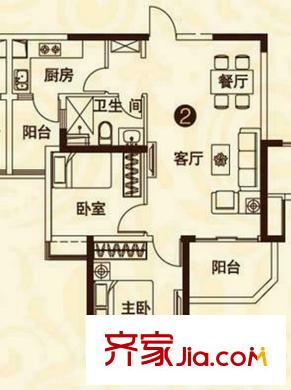 恒大綠洲19棟2號戶型 2室2廳1衛(wèi)1廚