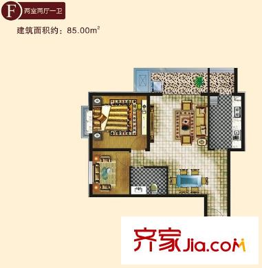百合小筑兩室兩廳一衛(wèi)85平方米F戶型圖  2室2廳1衛(wèi)