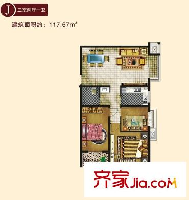 百合小筑三室兩廳一衛(wèi)117.67平方米J戶型圖 3室2廳1衛(wèi)