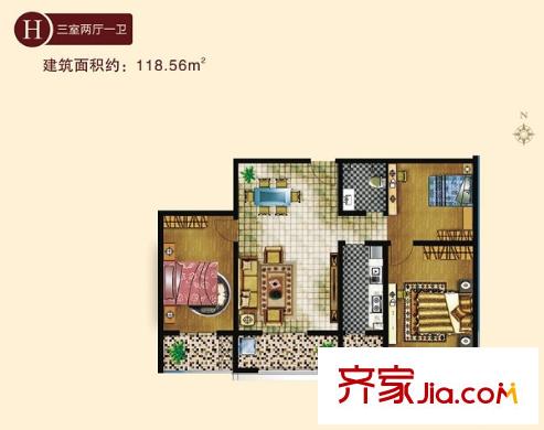 百合小筑三室兩廳一衛(wèi)118.56平方米H戶型圖 3室2廳1衛(wèi)