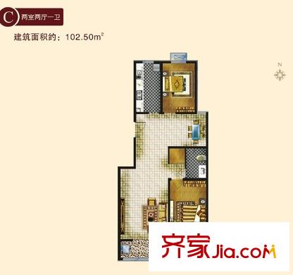百合小筑兩室兩廳一衛(wèi)102.5平方米C戶型圖 2室2廳1衛(wèi)