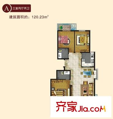 百合小筑三室兩廳兩衛(wèi)120.23平方米A戶型圖 3室2廳2衛(wèi)