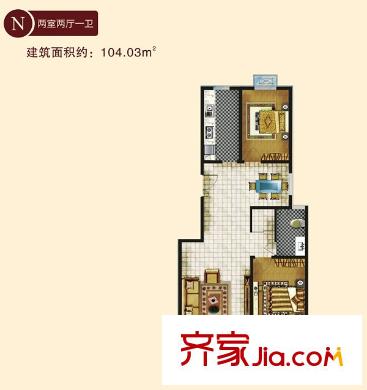 百合小筑兩室兩廳一衛(wèi)104.03平方米N戶型圖 2室2廳1衛(wèi)