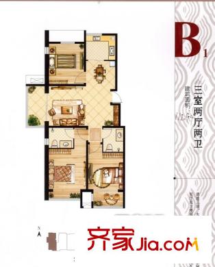 開元御園2#4#樓三室兩廳兩衛(wèi)122.94平方米B1戶型圖 3室2廳2衛(wèi)