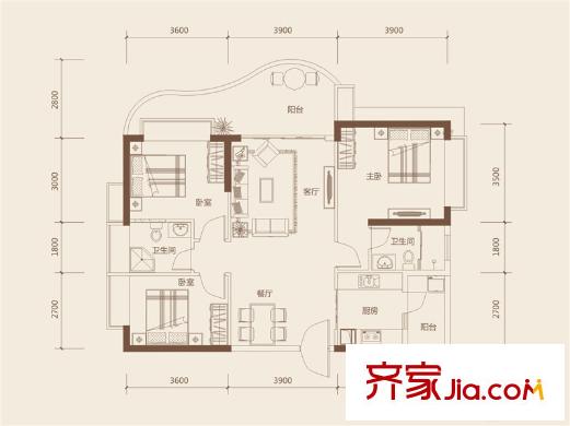 隆生?東湖9區(qū)B3戶型 3室2廳2衛(wèi)1廚