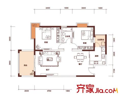 鴻潤紫御戶型圖雅致二房戶型圖 2室2廳1衛(wèi)1廚
