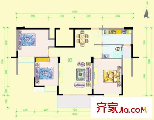 地一家園戶型圖5號(hào)樓03單元（2―10層） 3室2廳1衛(wèi)1廚