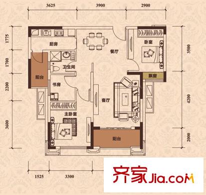 王府?釣魚臺5棟2單元戶型圖 3室2廳1衛(wèi)1廚