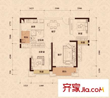 王府?釣魚臺1、2、4、5棟戶型 2室2廳1衛(wèi)1廚