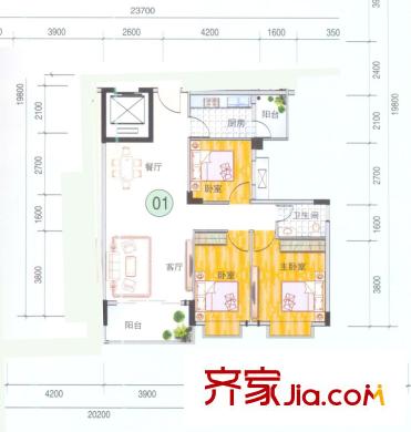 龍日花苑三期戶型圖B3棟-201戶型圖 3室2廳1衛(wèi)