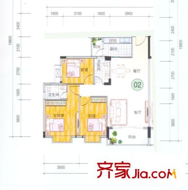 龍日花苑三期戶型圖B3棟-202戶型圖 3室2廳2衛(wèi)