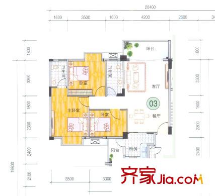 龍日花苑三期戶型圖B3棟-103戶型 3室2廳2衛(wèi)