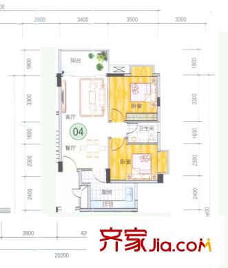 龍日花苑三期戶型圖B3棟-104戶型 2室2廳1衛(wèi)