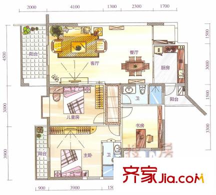 鴻潤花園戶型圖02、03戶 3室2廳2衛(wèi)1廚