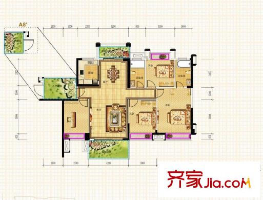 華興?金盛麗景別墅戶(hù)型圖A8戶(hù)型 4室2廳2衛(wèi)1廚