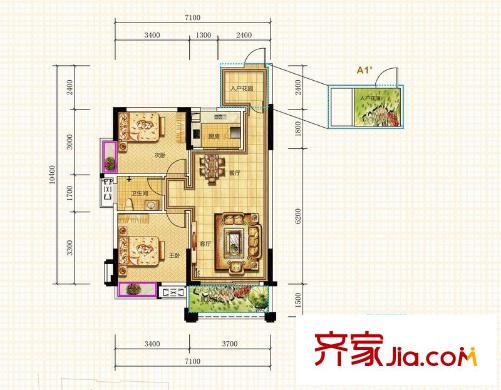 華興?金盛麗景別墅戶型圖A1戶型 2室2廳1衛(wèi)1廚