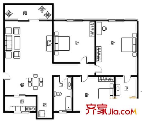 新興花苑戶型圖新興花園 3室2廳1衛(wèi)1廚