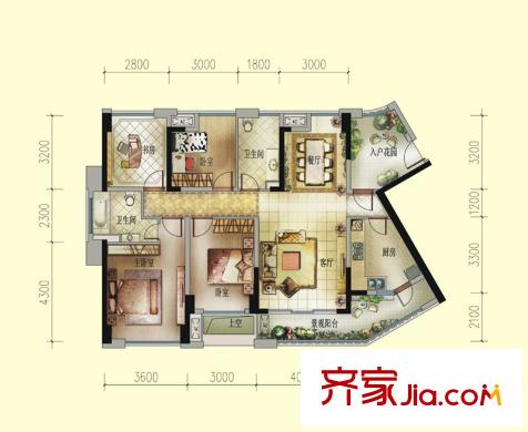 中洲中央公園別墅戶型圖A2戶型 4室2廳2衛(wèi)1廚