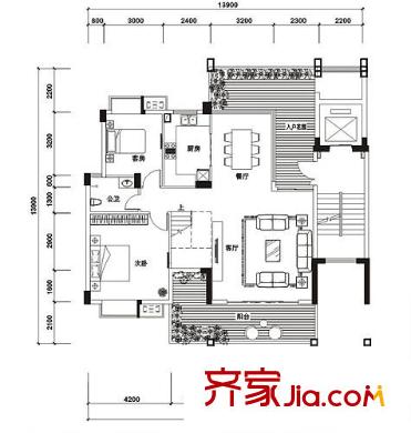城市原筑戶型圖6號樓F1戶型（復(fù)式下層） 4室3廳2衛(wèi)1廚