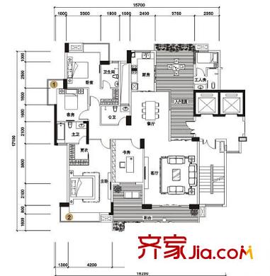 城市原筑戶型圖8號樓D1戶型 4室2廳3衛(wèi)1廚
