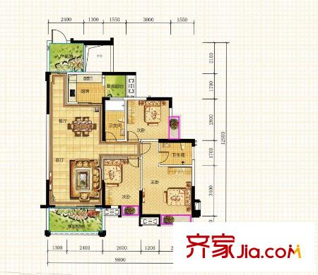 華興?金盛麗景別墅戶型圖A2戶型 3室2廳2衛(wèi)1廚